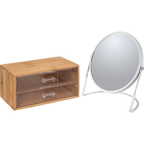 Make-up organizer en spiegel set - 2 lades - bamboe/kunststof - 5x zoom spiegel -