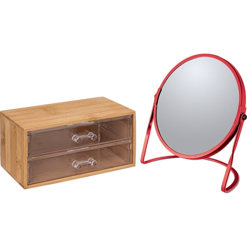 Make-up organizer en spiegel set - 2 lades - bamboe/kunststof - 5x zoom spiegel -