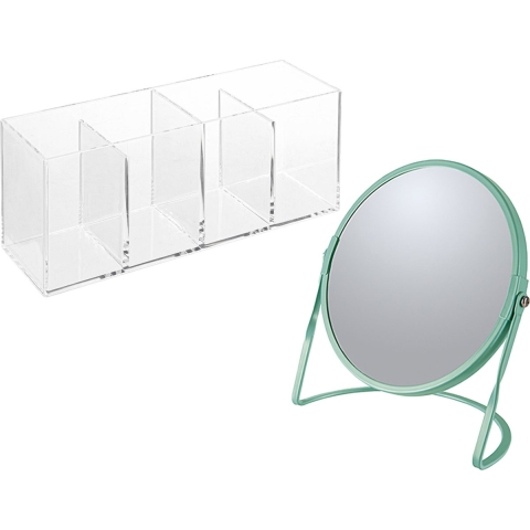 Make-up organizer en spiegel set - 4 vakjes - plastic/metaal - 5x zoom spiegel - groen/transparant -