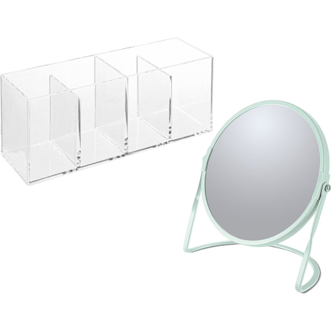 Make-up organizer en spiegel set - 4 vakjes - plastic/metaal - 5x zoom spiegel - mint/transparant -