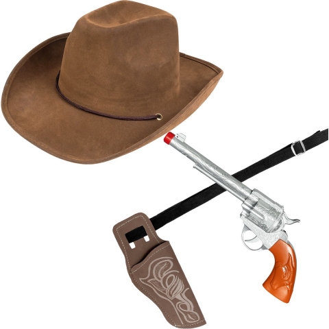 Carnaval verkleed set cowboyhoed Utah - bruin - en holster met revolver - volwassenen -