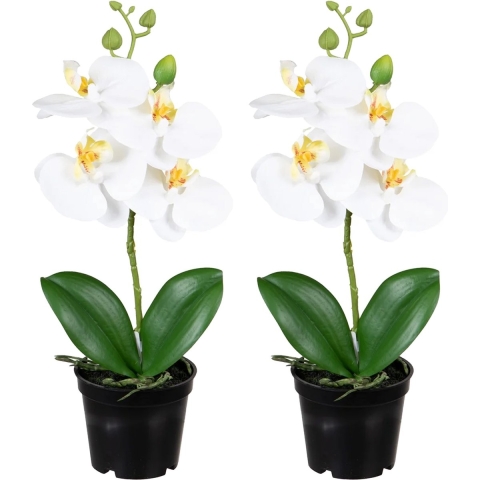 Orchidee bloemen kunstplant op plug - 2x - bloemen/bloemetjes - wit/groen - H33 cm -