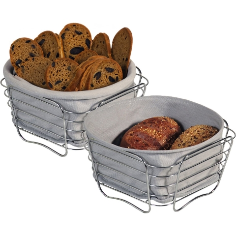Broodmandje met stof - 2x - metaal/peva - grijs - vierkant - D21 x H11 cm -