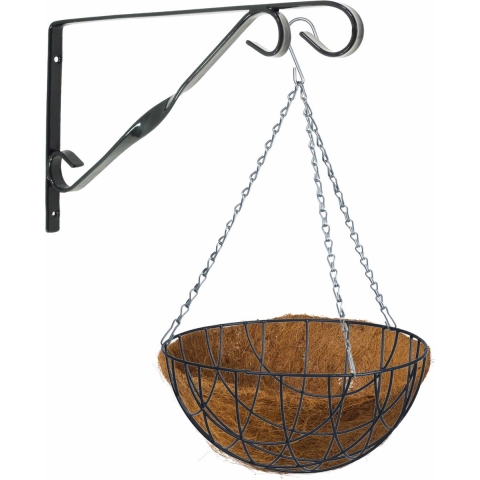 Hanging basket 35 cm met klassieke muurhaak groen en kokos inlegvel - metaal - complete hangmand set -
