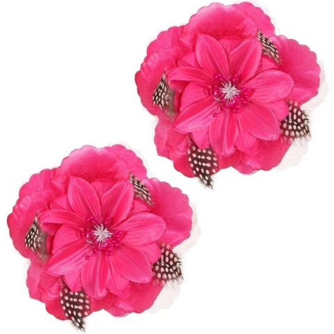 Set van 4x stuks roze speld Hawaii haarbloem met veertjes -