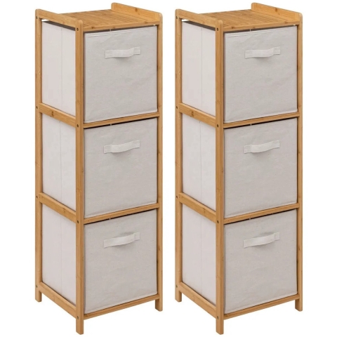 Opbergkast met 3 polyester manden - 2x - 3 lagen - bamboe - beige - 35 x 33 x 109 cm -