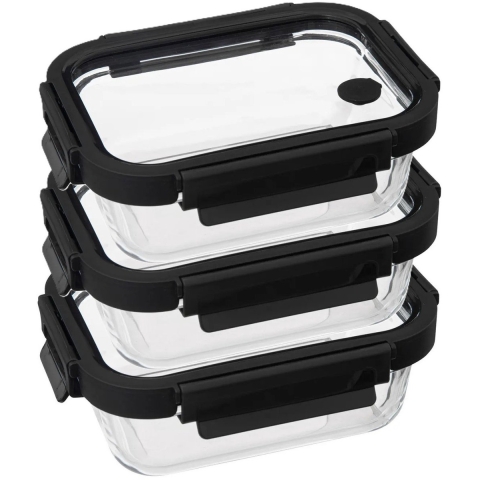 5Five Vershoudbakje met deksel - 3x - glas - luchtdicht - met clips - 19 x 14 x 7 cm - 500 ml -