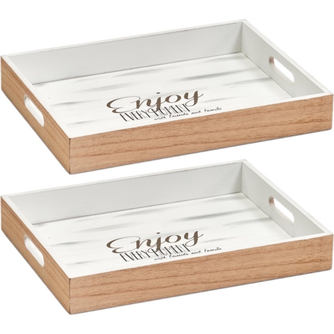 Dienblad - Set van 2x stuks - bruin/wit - 40 x 30 x 5,5 cm - hout - rechthoekig - serveerblad -