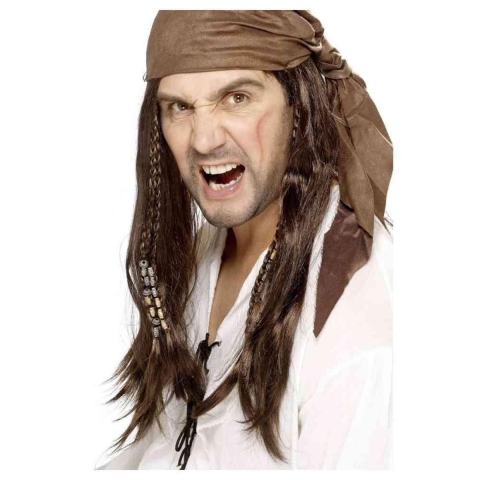 Bruine piratenpruik met bandana voor heren -