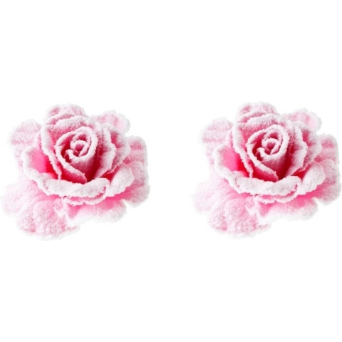 6x stuks pastel roze rozen met sneeuw op clip 10 cm - kerstversiering -