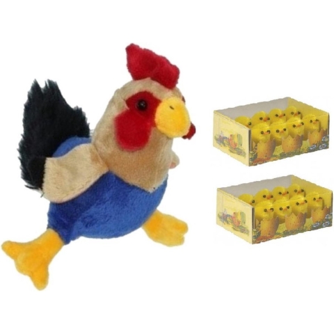 Pluche kippen/hanen knuffel van 20 cm met 16x stuks mini kuikentjes 3 cm -