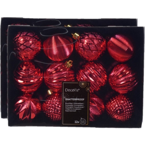 Gedecoreerde kerstballen - 24x st - 6 cm - kunststof - rood -