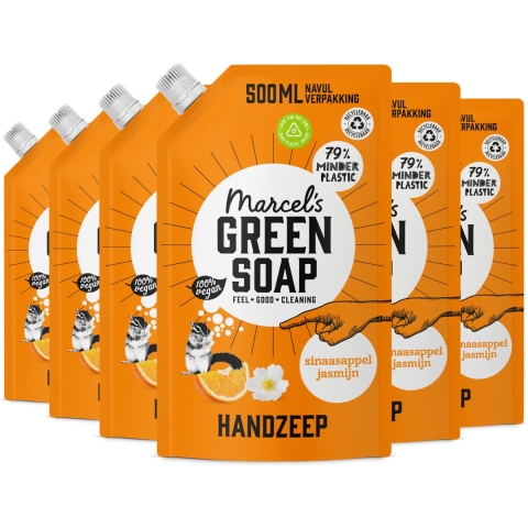 6x Marcel's Green Soap Handzeep Sinaasappel&Jasmijn Navul Stazak 500 ml