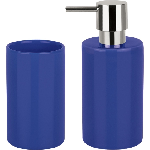 Badkamer accessoires set - zeeppompje/drinkbeker - porselein - donkerblauw -