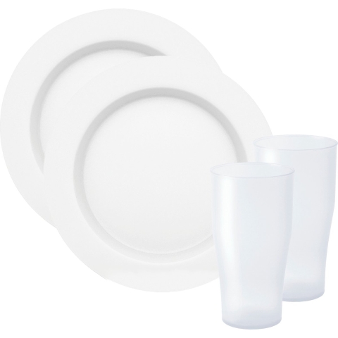 Servies set - 8x borden en drinkbekers - wit- kunststof - herbruikbaar -