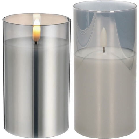 Set van 2x luxe led kaarsen in grijs glas 12.5 en 15 cm met timer -