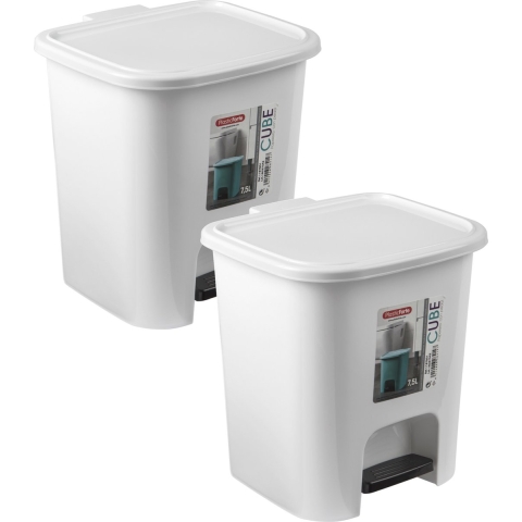PlasticForte Pedaalemmer - 2x - wit - 7,5 liter - kunststof - 24 x 22 x 25.5 cm -