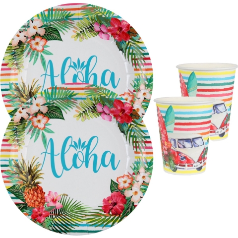 Hawaii thema feest wegwerp servies set - 20x bordjes / 20x bekers - Hawaii -
