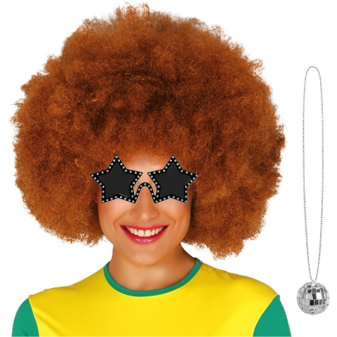 Carnaval verkleedset afropruik bruin/bril/ketting - heren/dames - Seventies/disco danser -