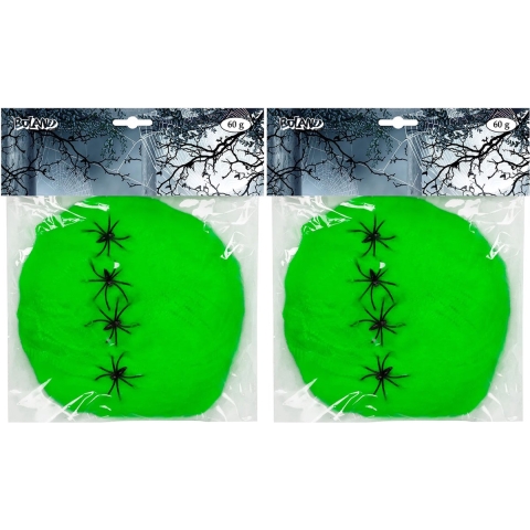 Decoratie spinnenweb/spinrag met spinnen - 4x - 60 gram - lichtgroen - Halloween/horror versiering -