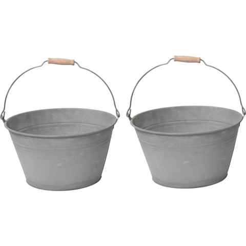 Emmer/plantenpot/bloempot - 2x - zink - grijs - D32 x H18 cm -
