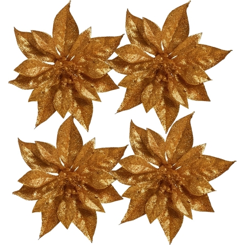 6x Kerstboomversiering bloem op clip koperen kerstster 18 cm -