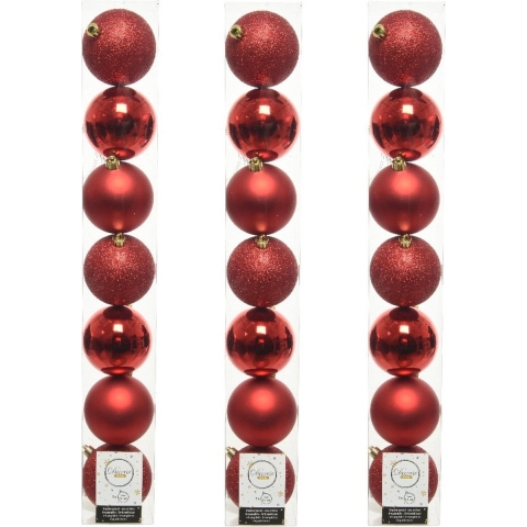 28x stuks kunststof kerstballen rode 8 cm glans/mat/glitter -