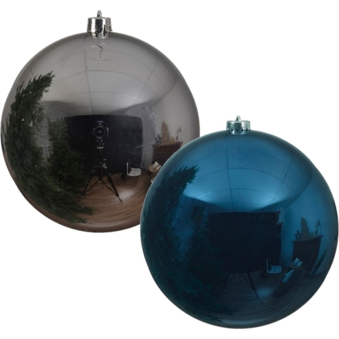 2x stuks grote kerstballen van 20 cm glans van kunststof blauw en zilver -
