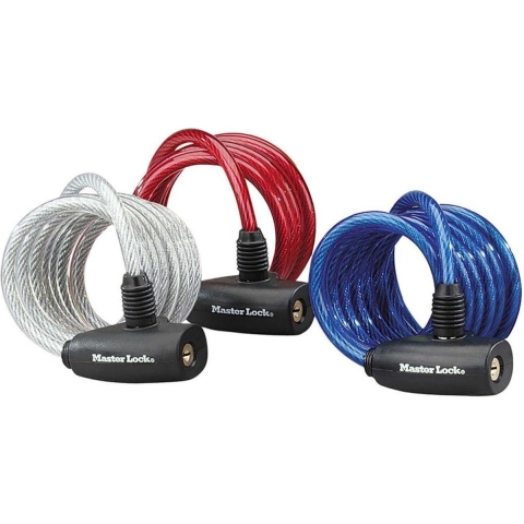 Masterlock 3 coiled cables 1,80mx Ø 8mm - vinyl cover : blue, red & transparent - 8127EURTRI