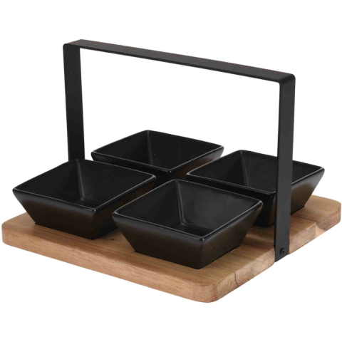 Serveerplank met 4 schaaltjes - acaciahout - aardewerk - 20 cm -
