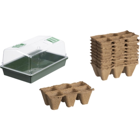 Kweekbak/kweekkast met deksel met 10x houtvezel kweekpotjes 38 x 24 x 18 cm -