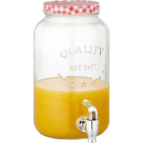 Glazen drankdispenser/limonadetap met rood/wit geblokte dop 3,5 liter -