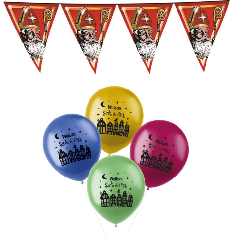 Sinterklaas versiering - 2x stuks plastic vlaggenlijnen 5 meter en 18x ballonnen -