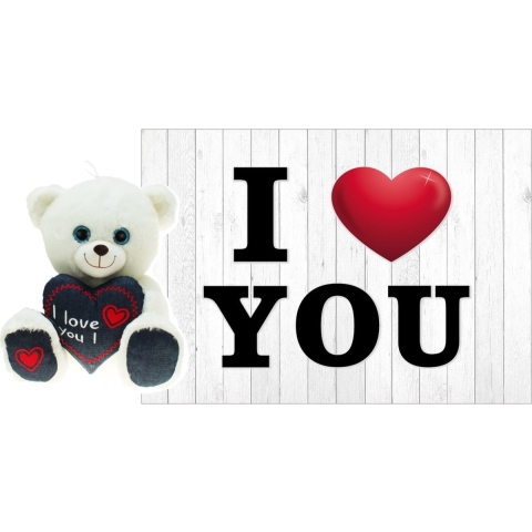 Pluche knuffel Valentijn I Love You beertje 30cm met hartjes wenskaart -