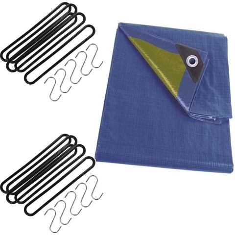 Afdekzeil / dekzeil blauw 2 x 3 meter met 10x spanrubbers en S-haken -