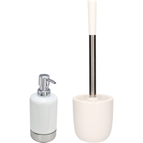 WC-/toiletborstel en houder dolomiet wit met zeeppompje 300 ml -