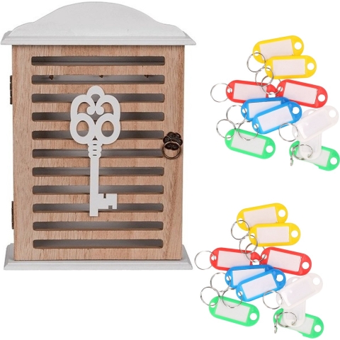 Houten sleutelkastje met 20x stuks sleutellabels - 19 x 28 cm -