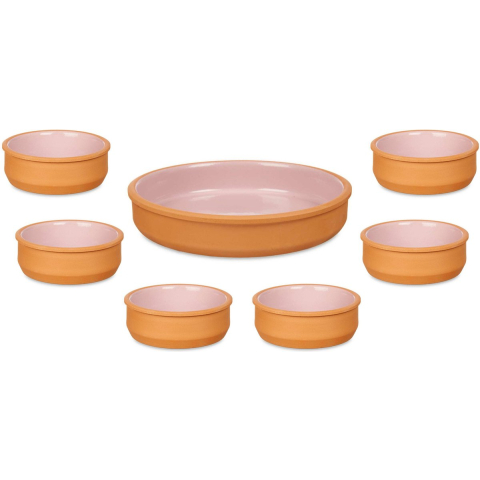 Set 7x tapas/creme brulee schaaltjes - terra/roze - 6x 12 cm/1x 23 cm -