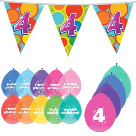 Leeftijd verjaardag thema 4 jaar pakket ballonnen/vlaggetjes -