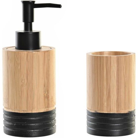 Badkamer accessoires setje drinkbeker en zeeppompje 17 cm bamboe/zwart -