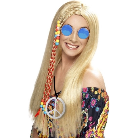 Dames Flower Power Hippie Sixties verkleed set pruik en bril en peace ketting -