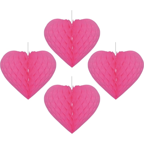 Hartje versiering - 4x - fuchsia roze - papier - 15 x 18 cm - hangdecoratie - Hart -