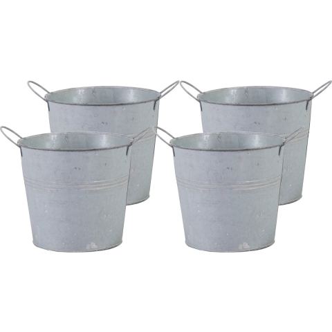 Emmer/plantenpot/bloempot - 4x - zink - whitewash - D16 x H14 cm -