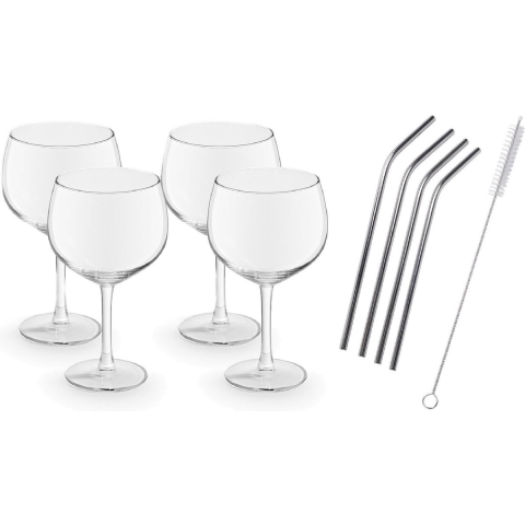 4x Gin Tonic glazen / cocktailglazen transparant 650 ml met RVS rietjes -