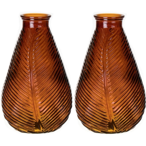 Bloemenvaas - 2x - bruin - transparant glas - D14 x H23 cm -