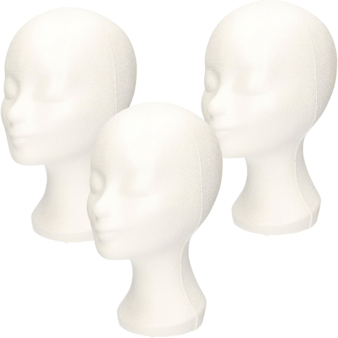 Paspop display etalage hoofd/mannequin - 3x - 30 cm - piepschuim - wit - voor hoeden/pruiken/accesso -