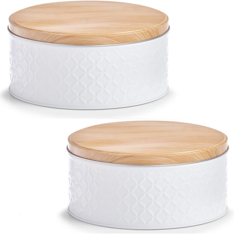Voorraadblik - 2x - wit - 20 x 10 cm - 2 liter - bewaarblik met houtlook deksel -