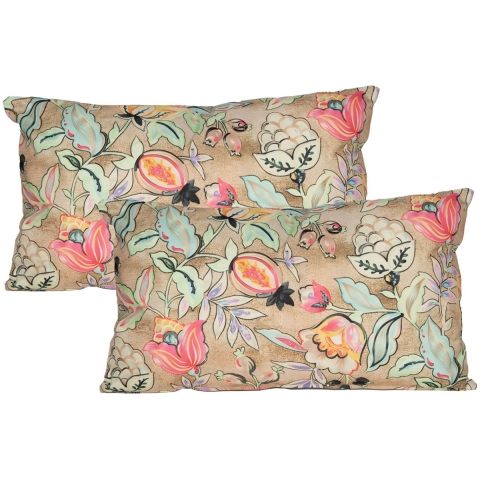Sierkussen voor binnen en buiten - 2x - wild flowers - beige - 30 x 50 cm - tuinkussen -
