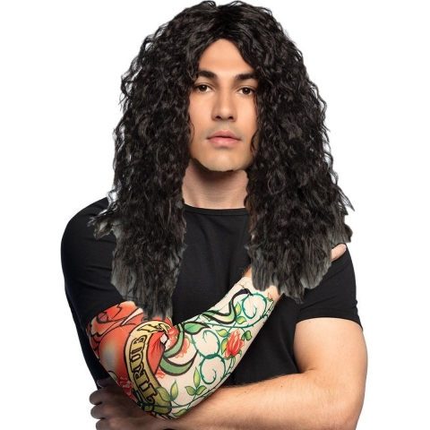 Verkleed setje heren Bikers/Rockers - carnaval verkleedpruik zwart - met setje Tattoo sleeves -