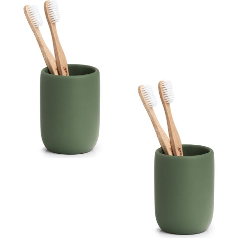Tandenborstelhouder - 2x - kunststeen - salie groen - D7 x H10 cm -